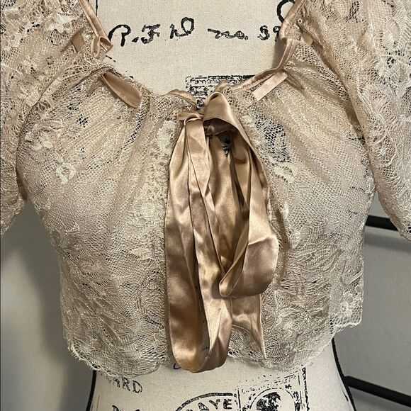 Bebe Y2K Brown Lace Ribbon Tie Cropped Shrug Coquette Whimsical Romantic Boho - Picture 2 of 9